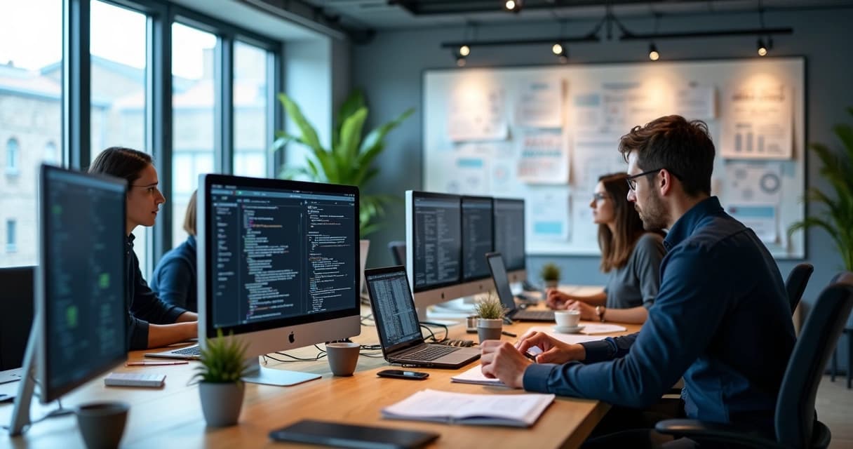 Equipe de desenvolvedores trabalhando em computadores com telas mostrando códigos e designs de aplicativo moderno