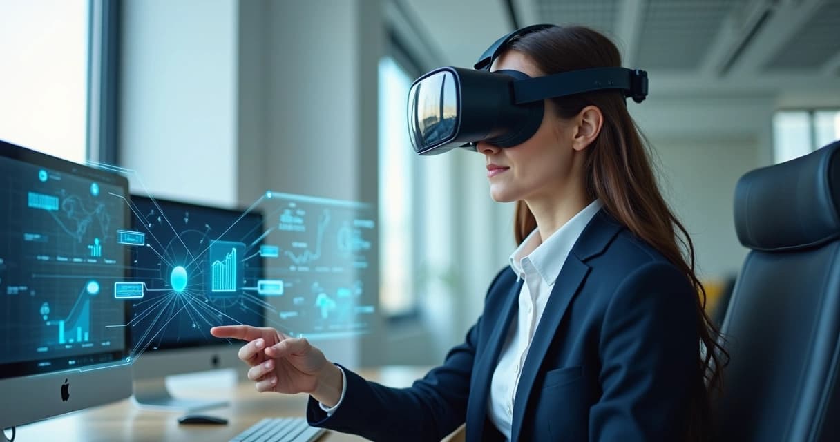 Pessoa usando headset de realidade virtual em ambiente corporativo para treinamento imersivo