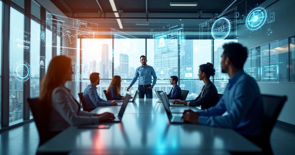 Ambiente de escritório moderno com telas digitais exibindo gráficos e ícones de automação inteligente