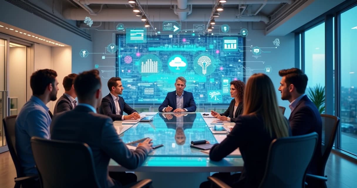 Profissionais em reunião com múltiplas telas digitais exibindo gráficos e dados tecnológicos em escritório moderno