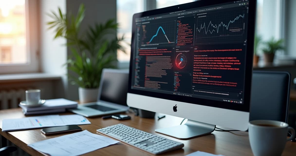 Tela de computador mostrando erro na integração de sistemas com códigos e gráficos desconexos em ambiente de escritório moderno
